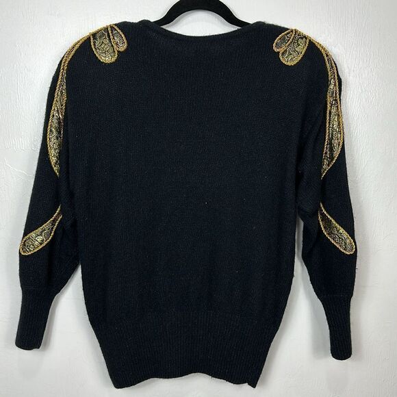 I.B. Diffusion Vintage 80s Black Silk Blend Gold Braid Appliqué Sweater Size M - Picture 4 of 8